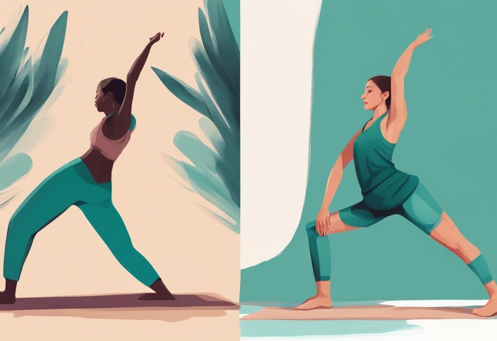 Moderne digitale Illustration in Teal, die zwei Szenarien zeigt: eine Person in einer Yoga-Pose und eine andere bei einer Pilates-Übung, beide zur Stärkung des Rückens, was ist besser für den Rücken Yoga oder Pilates.