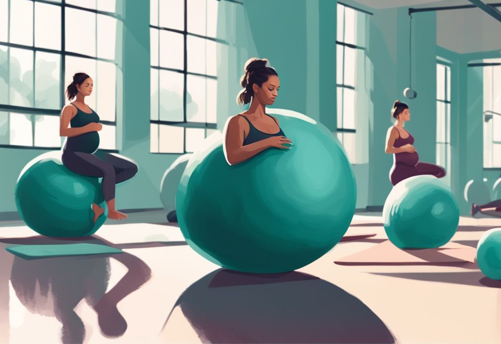 Schwangere Frau beim sanften Training mit einem Schwangerschafts-Yogaball in einem geräumigen Fitnessstudio, umgeben von unterstützenden Fitnessgeräten, moderne digitale Malerei in Teal-Tönen.