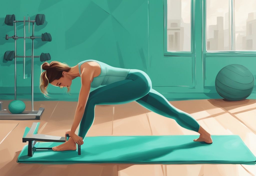 Moderner digitaler Gemäldeillustration mit schlanker Person, die eine Pilates-Übung auf einer Matte in einem hellen, modernen Fitnessstudio demonstriert, umgeben von Pilates-Ausrüstung - abnehmen mit Pilates.