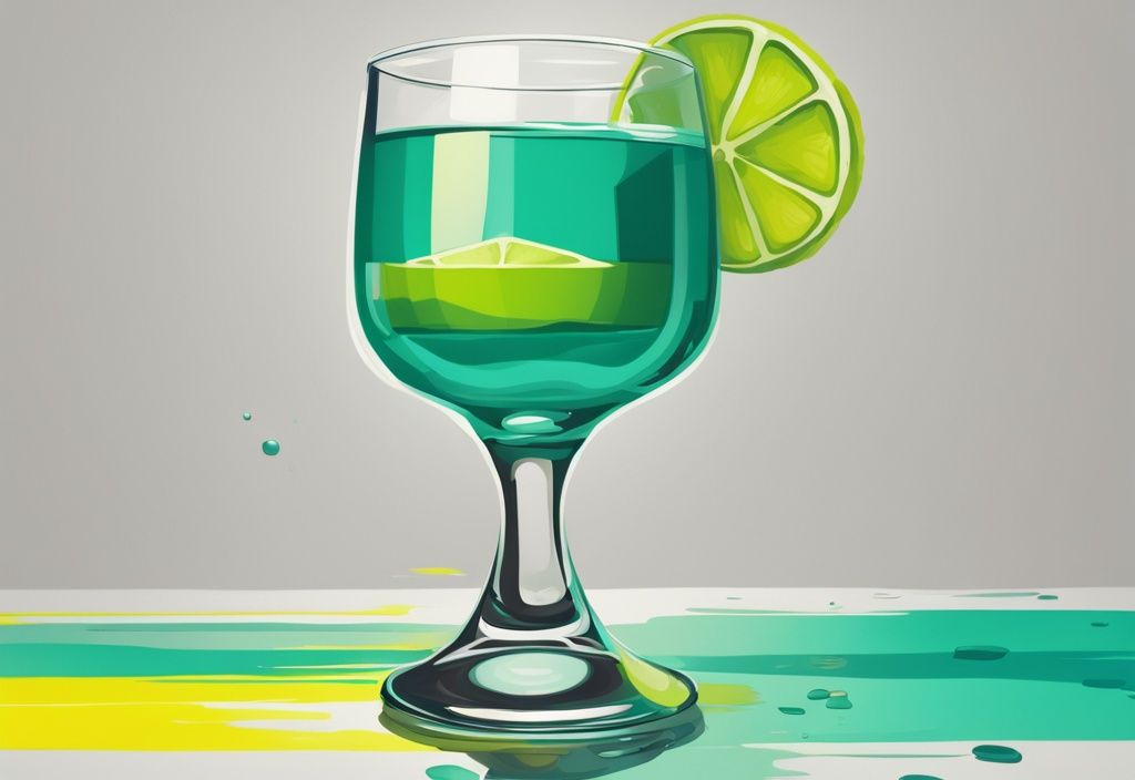 Modernes digitales Gemälde einer klaren Glas Wasser mit Limette, Maßband und schlanker Silhouette im Hintergrund, Hauptfarbe Teal