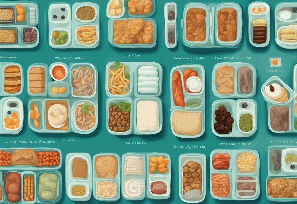 Moderne digitale Illustration einer Tagesration an Mahlzeiten und Snacks, ordentlich getrennt und mit Kalorienangaben beschriftet, insgesamt 1200 kcal, Hauptfarbthema: Türkis