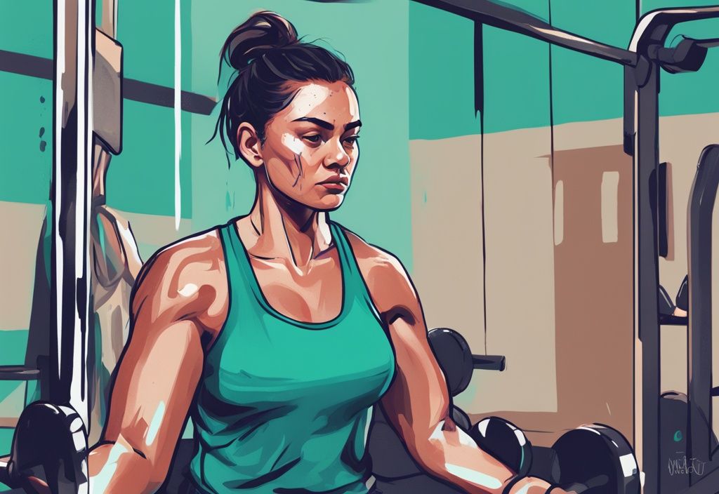 Fit Person im Fitnessstudio beim intensiven Training, Gesicht entschlossen und schweißgebadet, abnehmen schwitzen, moderne digitale Illustration in Teal.