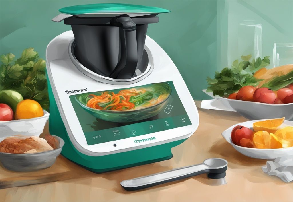 Moderne digitale Malerei mit Thermomix, der ein buntes, frisches und gesundes kalorienarmes Gericht zubereitet, in Teal-Farbtönen, Konzept der Thermomix-Diät darstellend.