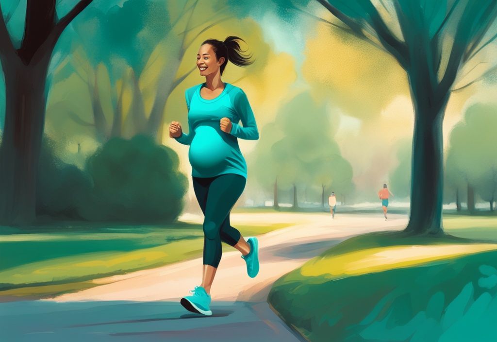 Schwangere Frau in bequemer Sportkleidung joggt fröhlich im Park am frühen Morgen – joggen in der Schwangerschaft, moderne digitale Malerei in Teal-Tönen.