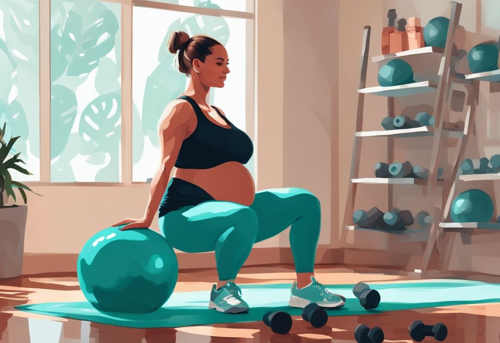 Schwangere Frau hebt kleine Hanteln auf einem Gymnastikball im Heimfitnessstudio, moderne digitale Illustration, Hauptfarbe Türkis