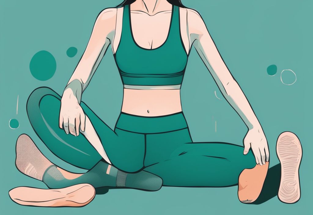 Moderne digitale Malerei-Illustration in Türkis mit Yoga-Kleidung: atmungsaktives Tanktop, dehnbare Yogahose, stützender Sport-BH und rutschfeste Socken.