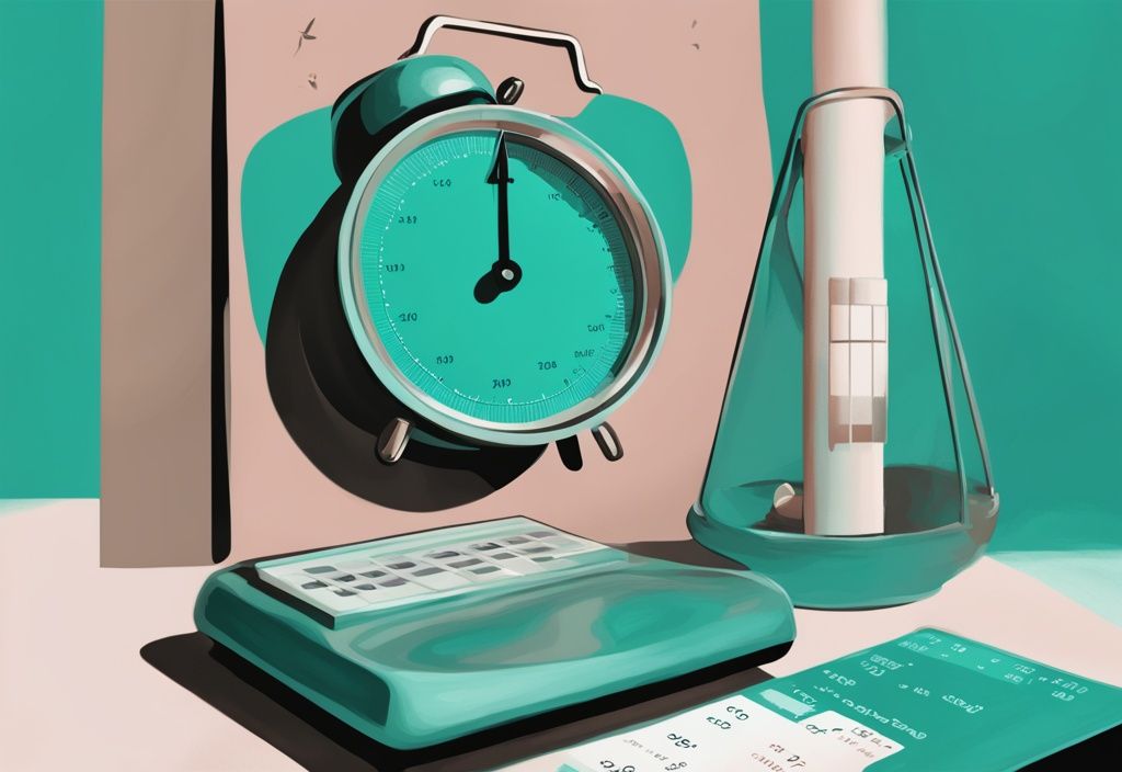 Moderne digitale Illustration, Hauptfarbe Teal, Waage zeigt abnehmende Zahlen, überlagert mit Monatskalender, Gewichtsverlust über einen Monat darstellend.