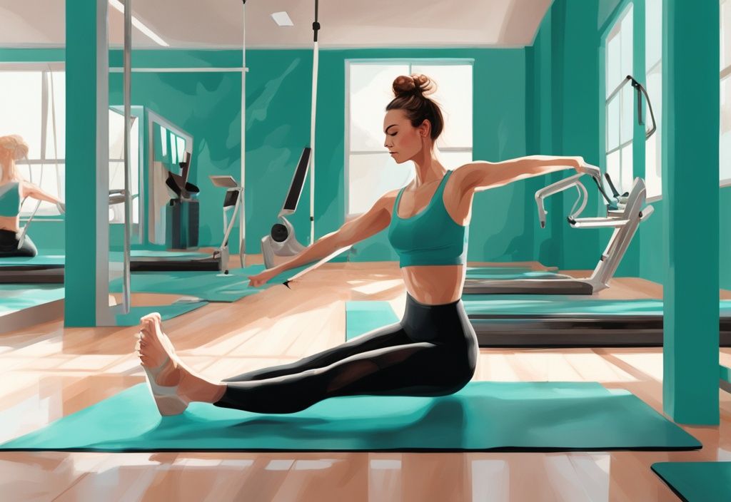 Schlanke Person demonstriert Pilates-Übung auf Matte in modernem Fitnessstudio, umgeben von Pilates-Ausrüstung, Hauptfarbe Teal – abnehmen mit Pilates.