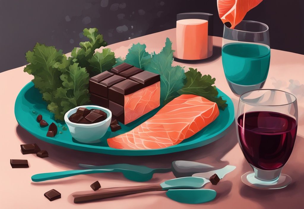 Moderne digitale Illustration mit sirtuin-aktivierenden Lebensmitteln wie dunkler Schokolade, Rotwein, Grünkohl und Lachs in lebhaften Teal-Farben kunstvoll arrangiert.