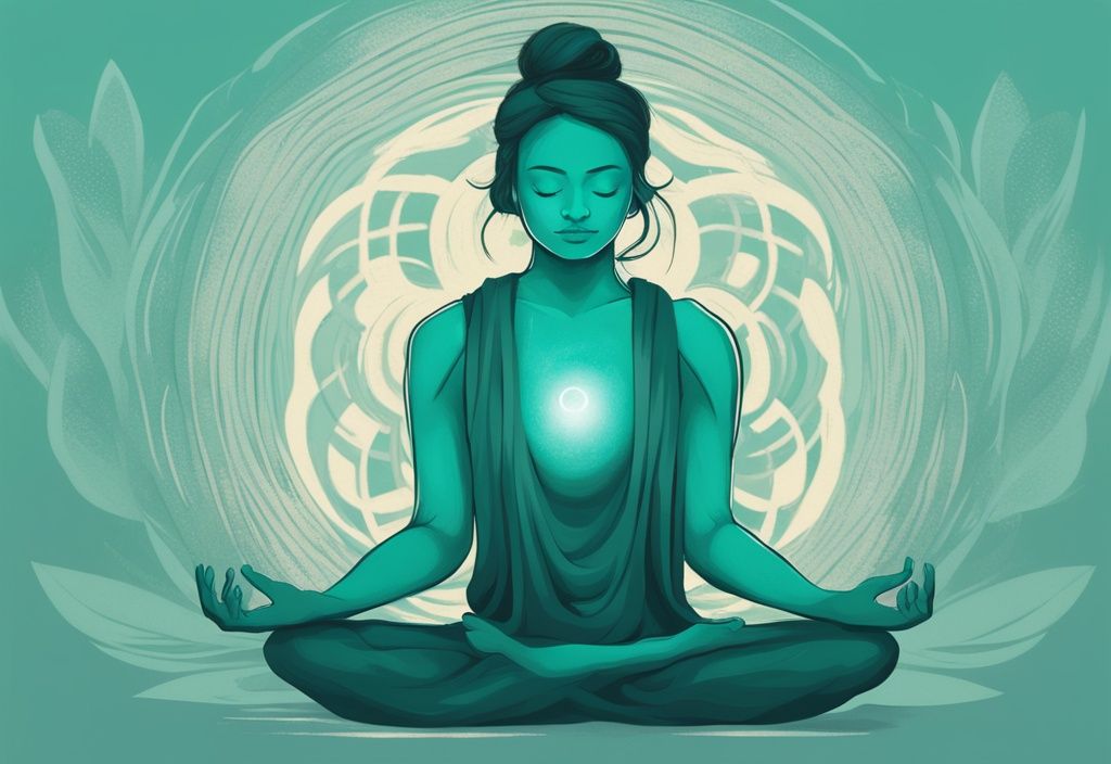 Moderne digitale Malerei mit einem meditierenden Yogi in Teal-Farbtönen, umgeben von einer symbolischen Darstellung der Seele, die Ruhe und positive Energie ausstrahlt