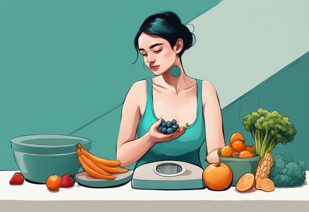 Moderne digitale Illustration mit Teal-Farbschema, zeigt Filinchen Brot, Obst & Gemüse, digitale Waage und fitten Menschen in nachdenklicher Pose, symbolisiert Lebensstilwahl, ist Filinchen gut zum Abnehmen.