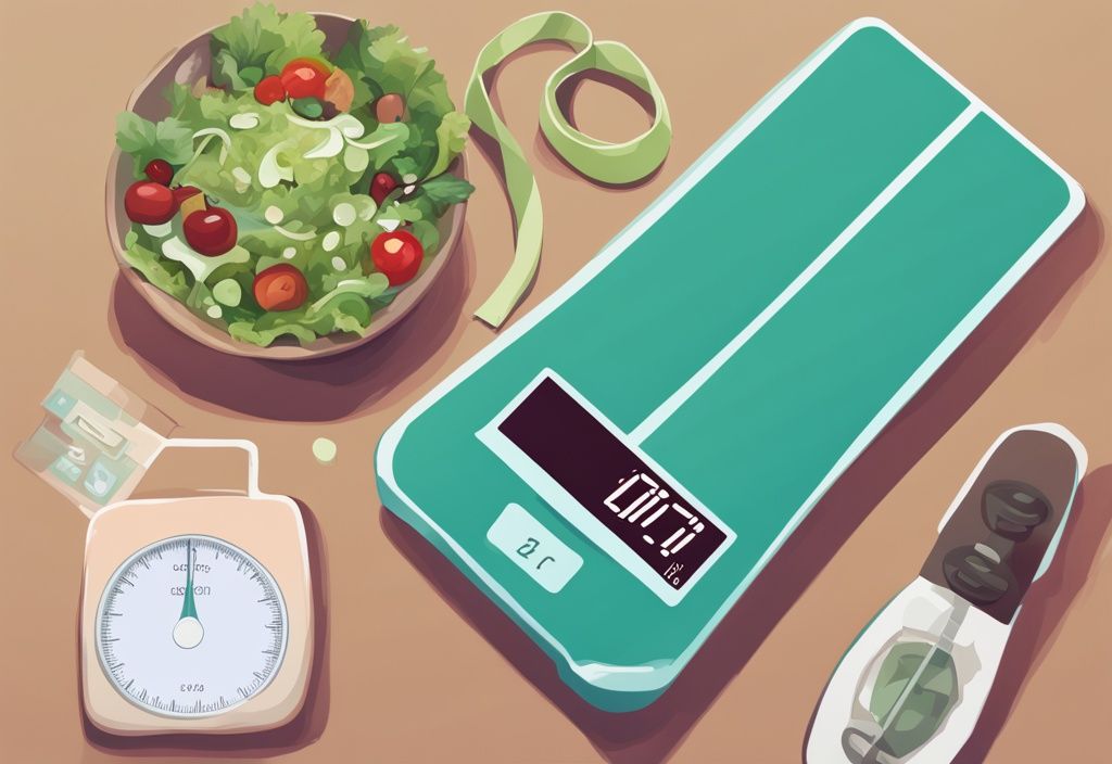 Moderne digitale Illustration mit Hauptfarbthema Türkis: Fitnesswaage zeigt signifikanten Gewichtsverlust, daneben ein Maßband und ein gesunder Salat, symbolisiert wieviel kann man in einem Monat abnehmen.