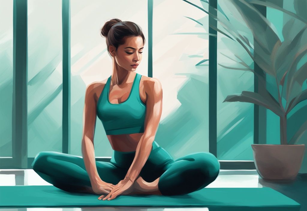 Moderne digitale Malerei einer schlanken Person bei Pilates-Übung in beruhigendem Teal-Farbschema, die friedliche und fokussierte Natur des Trainings ausdrückend.