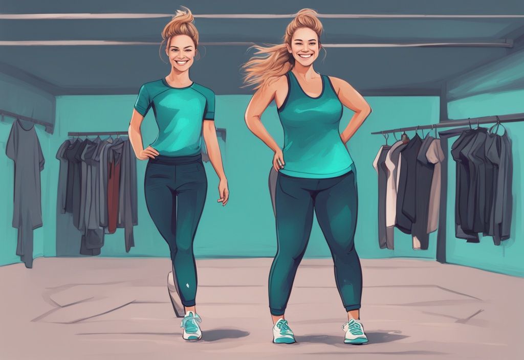 Schlankere Frau in Fitnesskleidung hält übergroße Jeans, modernes digitales Gemälde, Thema Teal, Gewichtsverlust in sechs Wochen