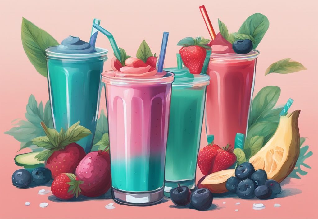 Moderne digitale Malerei mit vielfältigen, farbenfrohen Smoothies, sichtbaren Zutaten und einem Ernährungsleitfaden, der die gesundheitlichen Vorteile der Smoothie Diät hervorhebt.