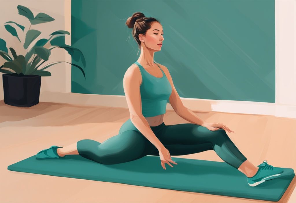 Moderne digitale Malerei einer schlanken Person bei Pilates-Übung in beruhigendem Teal-Farbschema, friedlicher und fokussierter Ausdruck