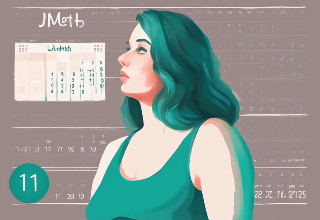 Moderne digitale Malerei mit Teal-Farbschema, eine Waage zeigt abnehmende Zahlen, überlagert mit einem Monatskalender, Gewichtsverlust über einen Monat darstellend.