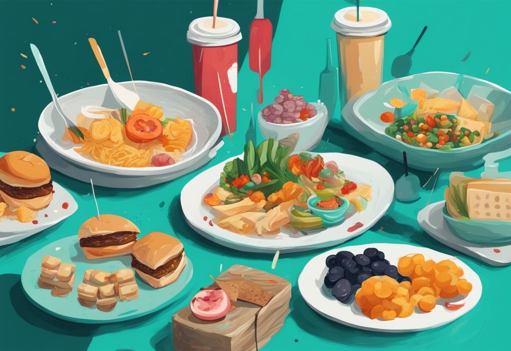 Moderne digitale Malerei mit teal als Hauptfarbe, zeigt bunte, portionierte Mahlzeiten und Snacks mit Kalorienangaben, insgesamt 1200 kcal Diät.