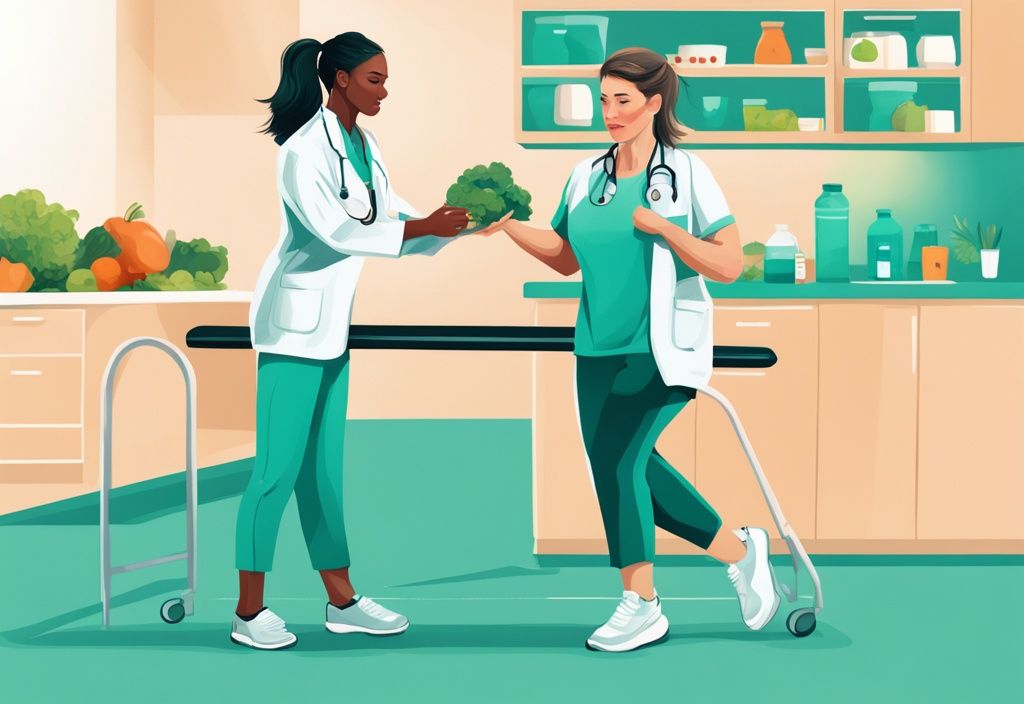 Moderne digitale Illustration eines Gesundheitsprofis, der einen Patienten beim Abnehmen unter ärztlicher Aufsicht durch einen gesunden Ernährungsplan und ein Workout führt, Hauptfarbe: Teal.