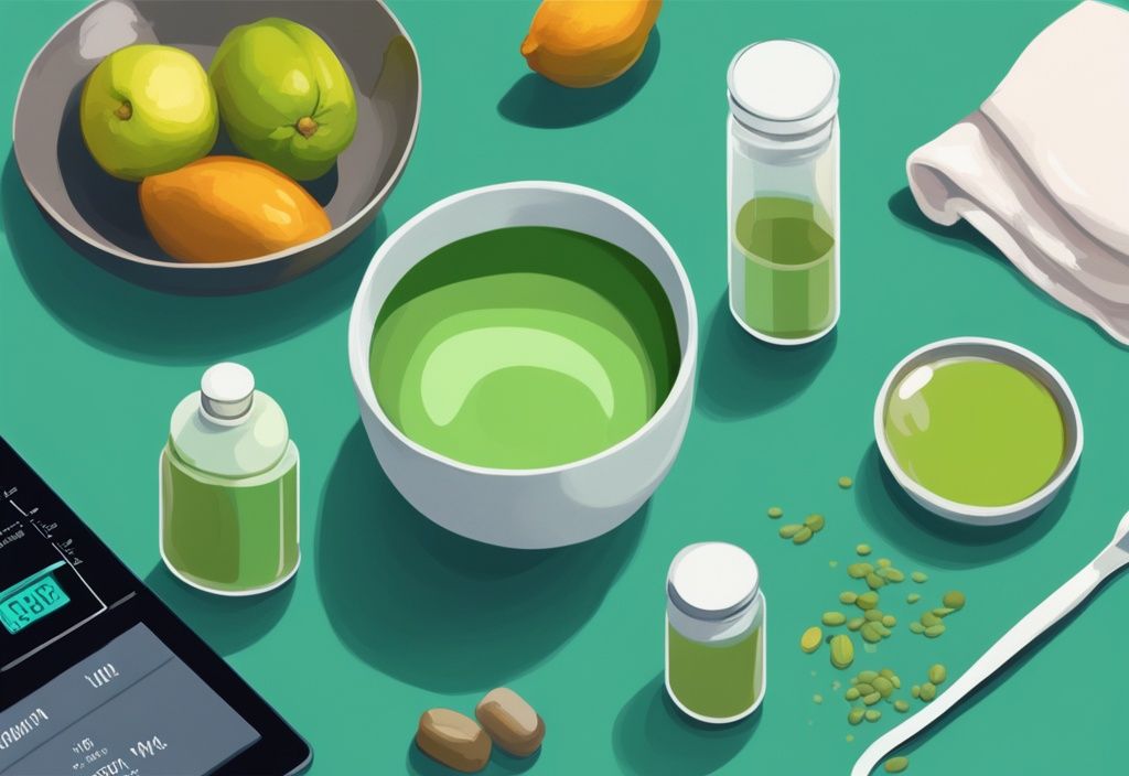 Moderne digitale Illustration: Teal-farbene Küche mit Nahrungsergänzungsmitteln wie grüner Tee, Garcinia Cambogia und Proteinpulvern auf der Arbeitsplatte, neben einer Waage, welche Supplements zum Abnehmen zeigend.