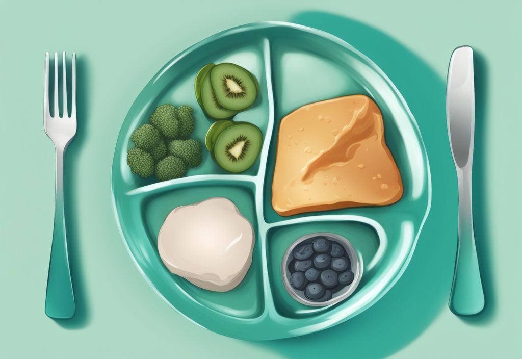 Moderne digitale Illustration eines ausgewogenen Tellergerichts mit Teal-Farbschema, das die empfohlene tägliche Fett-, Protein- und Kohlenhydrataufnahme für eine Gewichtsverlustdiät zeigt, mit Fokus auf den Fettanteil.