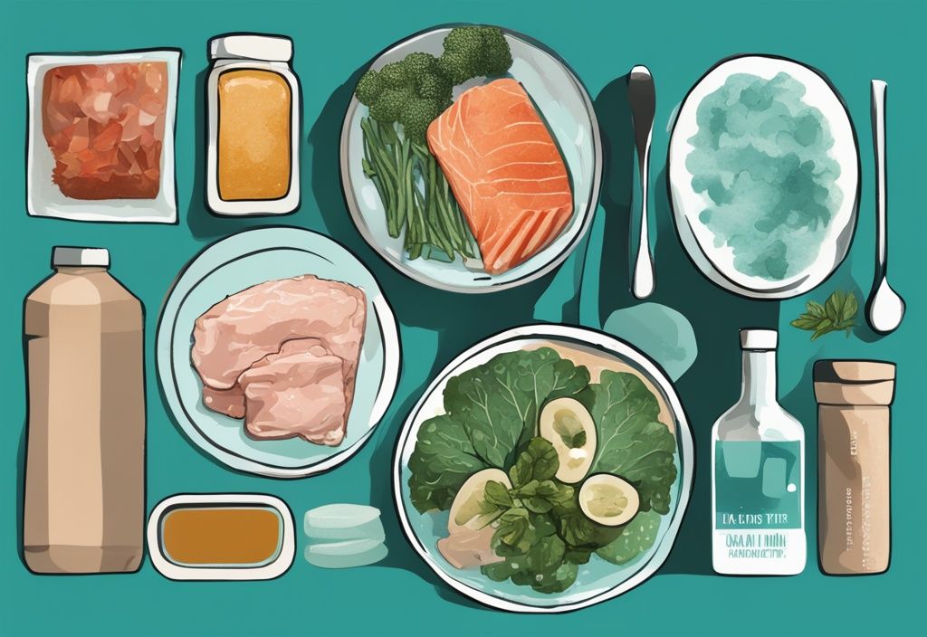 Moderne digitale Malerei mit Teal-Farbschema, Collage aus proteinreichen, kohlenhydratarmen Mahlzeiten mit Wasser und Vitaminen, repräsentiert die PSMF-Diät.