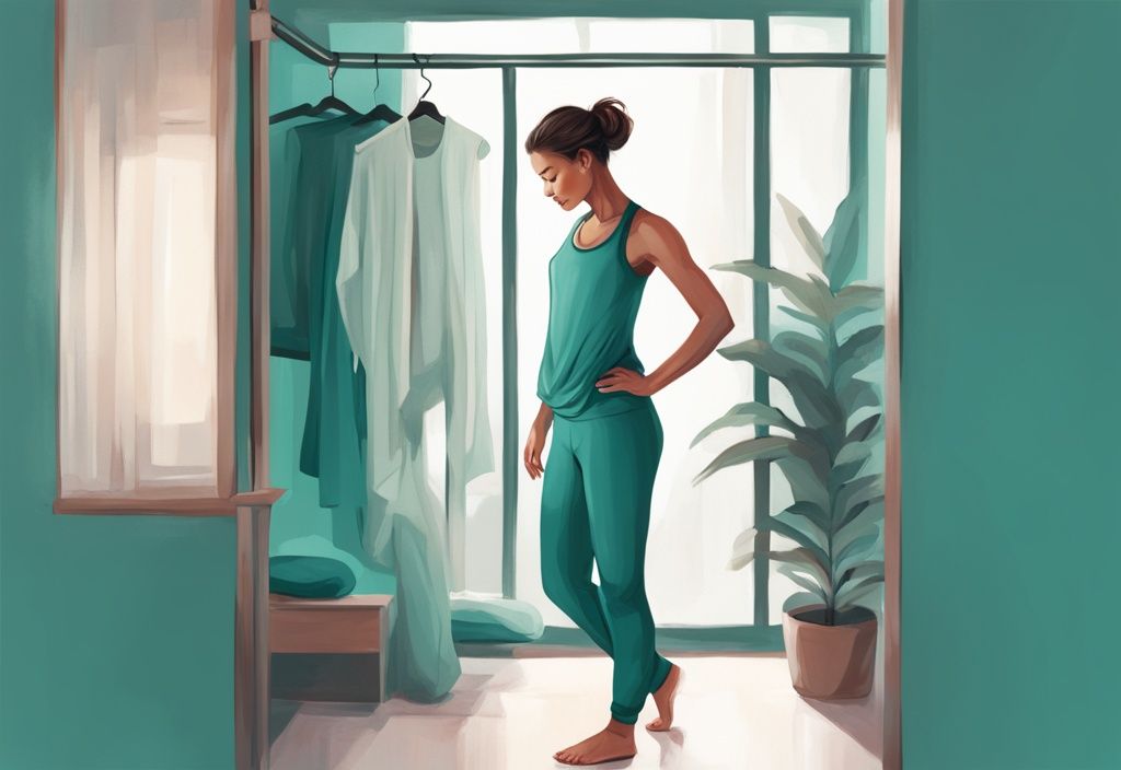 Frau in moderner digitaler Illustration, die in modischer und bequemer Yoga-Kleidung vor einem gut organisierten Kleiderschrank steht und ihr Outfit auswählt; was zieht man zum Yoga an