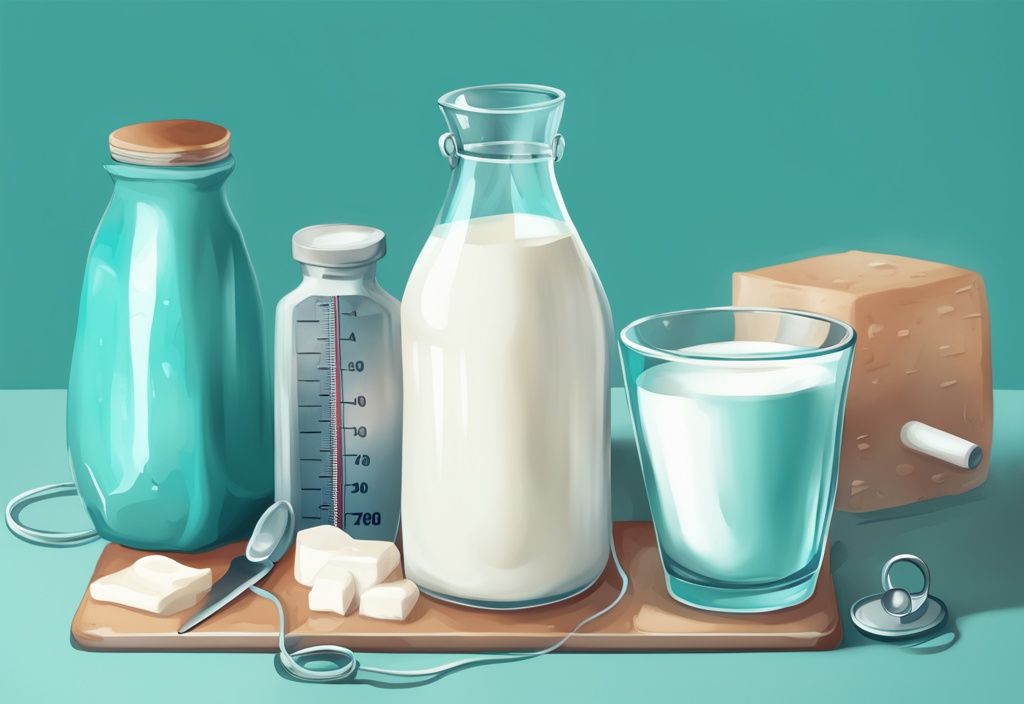 Moderne digitale Illustration in Türkis mit verschiedenen Milchsorten, einer Waage und einem Maßband, die das Konzept des Abnehmens darstellen - welche Milch ist gut zum Abnehmen.