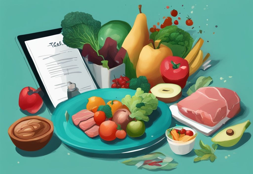 Moderne digitale Malerei mit Schwerpunkt auf Teal, zeigt einen Tisch mit gesunden Lebensmitteln wie Obst, Gemüse, magerem Fleisch und einem Diätplan, neben einem Buch von Dr. Nowzaradan; Dr. Nowzaradan Diät