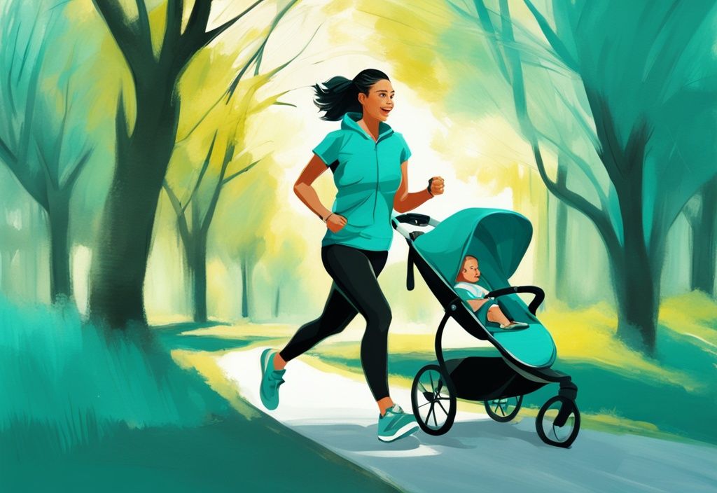 Moderne digitale Illustration in Teal, Frau joggt nach Geburt mit Kinderwagen im Park, strahlt Energie und Vitalität aus.