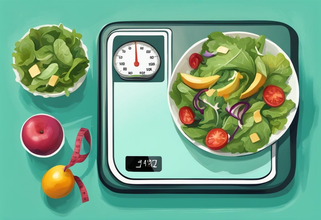 Moderne digitale Illustration mit Schwerpunktfarbe Türkis, Fitnesswaage zeigt deutlichen Gewichtsverlust, daneben Maßband und gesunder Salat, symbolisiert wieviel kann man in einem Monat abnehmen.