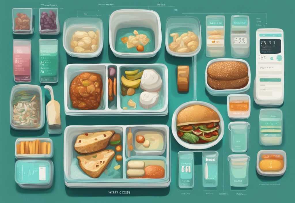 Moderne digitale Malerei mit Teal-Farbschema, die Mahlzeiten und Snacks eines Tages zeigt, getrennt und mit Kalorienangaben beschriftet, insgesamt 1200 kcal.