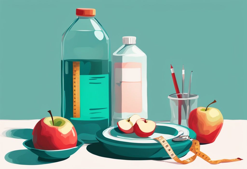 Moderne digitale Illustration mit Teal-Farbschema: Eine Flasche L-Thyroxin neben einem Maßband, einem Apfel und einem kleinen Teller mit gesunder Nahrung, symbolisiert Gewichtsverlust