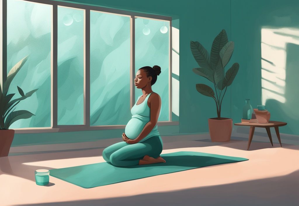 Schwangere Frau beim Yoga in der Schwangerschaft in einem friedlichen, natürlich beleuchteten Raum mit Yoga-Matte und sanfter Dekoration, moderne digitale Illustration in Teal.