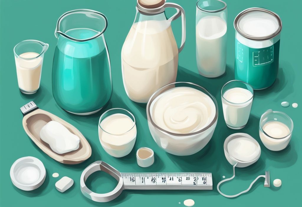 Moderne digitale Illustration in Türkis mit verschiedenen Milchsorten, einer Waage und einem Maßband, die das Konzept des Abnehmens darstellen - welche Milch ist gut zum Abnehmen.