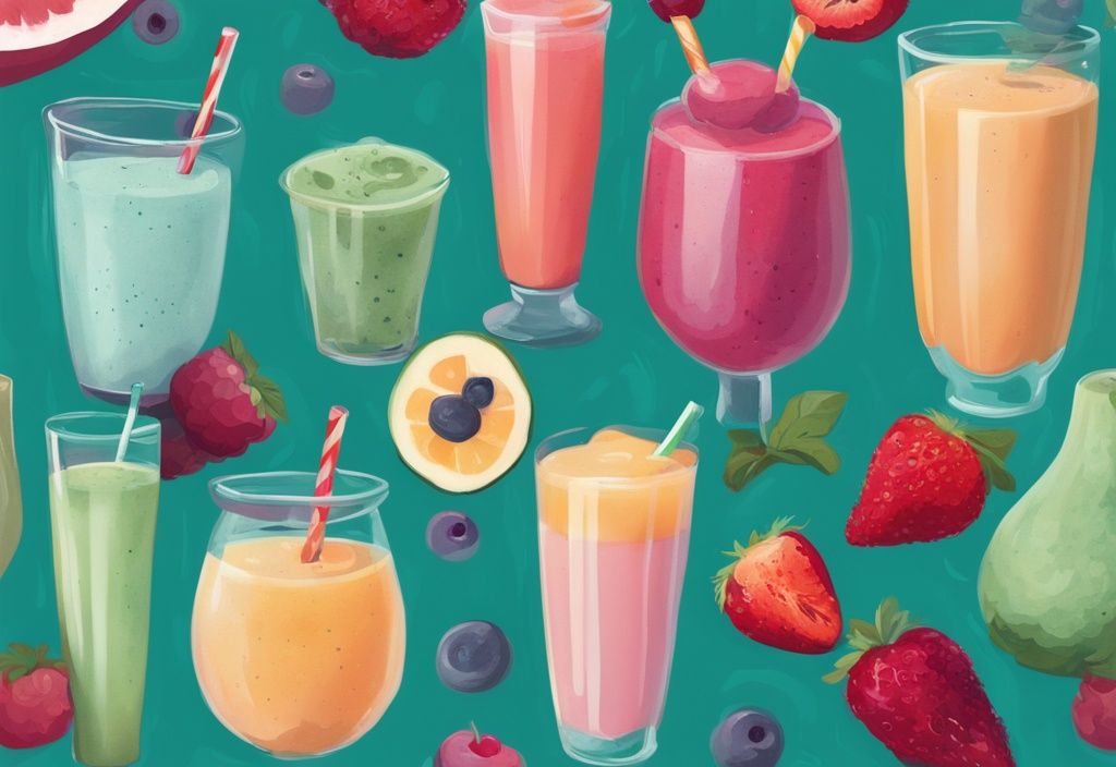 Moderne digitale Illustration mit dem Hauptfarbthema Teal, verschiedene bunte Smoothies künstlerisch arrangiert, Zutaten sichtbar, Ernährungsleitfaden zur Hervorhebung der gesundheitlichen Vorteile, Smoothie Diät.