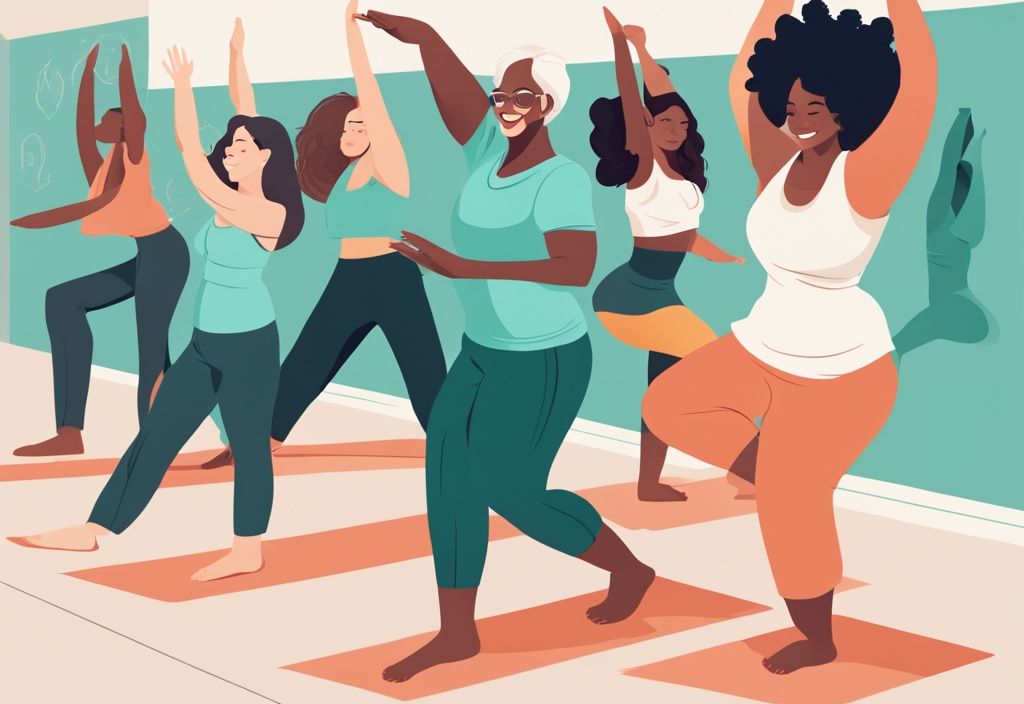 Moderne digitale Illustration, diverse Gruppe von Menschen unterschiedlichen Alters und Körpertyps, lächelnd in Balance-Posen in einem hellen Yoga-Studio, Kalender im Hintergrund markiert wöchentliche Yoga-Klasse, Hauptfarbe Teal