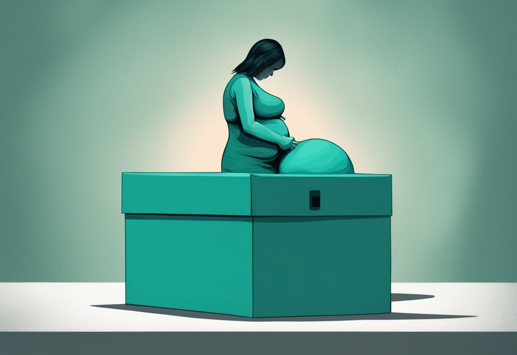 Schwangere Frau lehnt freundlich eine schwere Kiste ab, moderne digitale Illustration in Teal-Farbtönen, Symbol für Vermeidung von schweren Hebearbeiten während der Schwangerschaft.