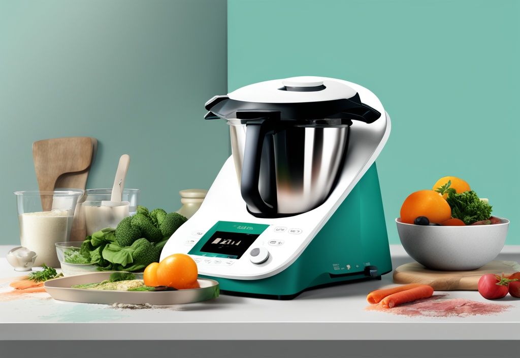 Moderne digitale Malerei mit Thermomix, der ein gesundes, kalorienarmes Gericht zubereitet, Hauptfarbe Teal.