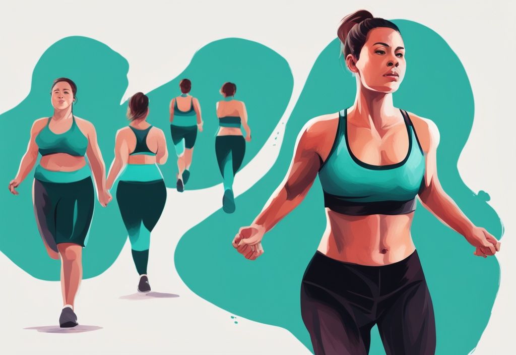 Moderne digitale Illustration in Teal: Vorher-Nachher-Bild einer Person bei einer Cardio-Übung zur Brust abnehmen.