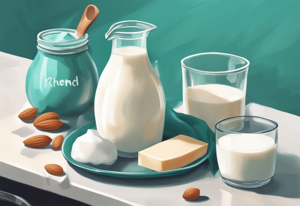 Moderne digitale Malerei mit verschiedenen Milchsorten (Mandel-, Soja-, Magermilch und Vollmilch) auf einer Küchenarbeitsplatte, mit einem Maßband um ein Glas der als gewichtsverlustfördernd gekennzeichneten Milch.