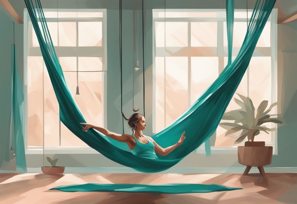 Moderne digitale Malerei-Illustration einer Frau in einer Aerial Yoga-Pose mit einem Seidentuch in einem ruhigen und friedlichen Studio; was ist Aerial Yoga