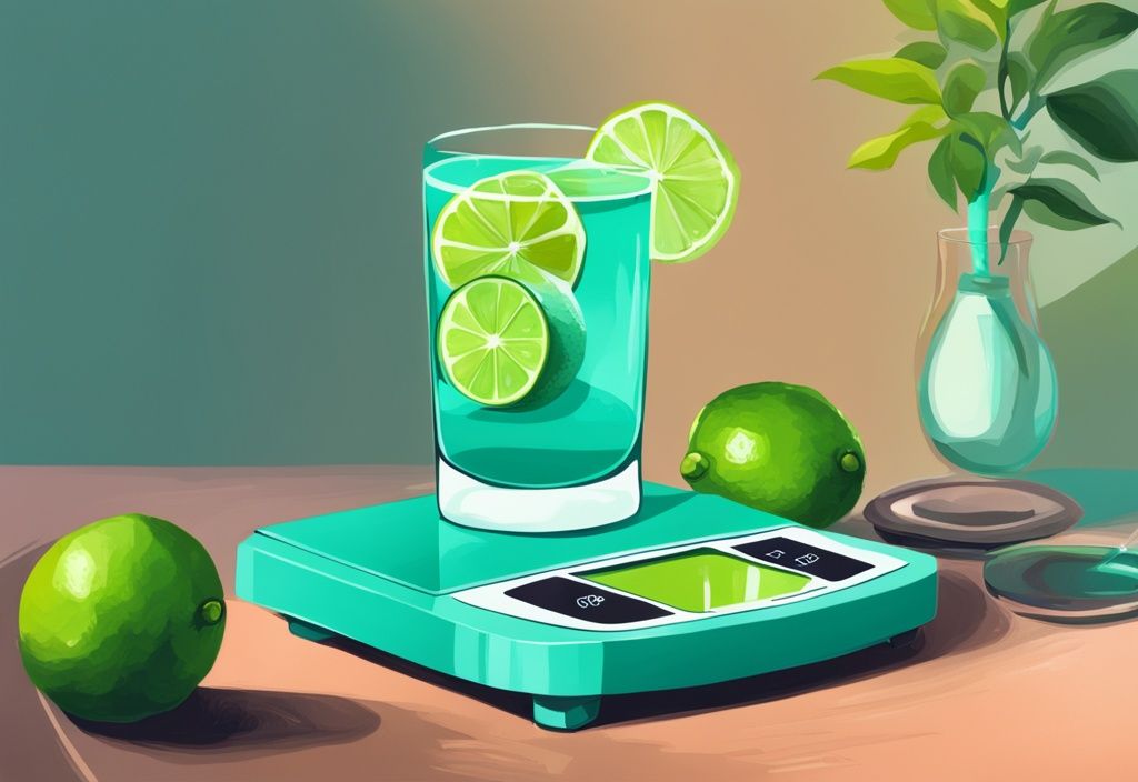 Moderne digitale Illustration mit Teal-Farbschema, eine halbierte Limette neben einem Glas Limettenwasser auf einer Waage, Konzept von Limettenwasser abnehmen.