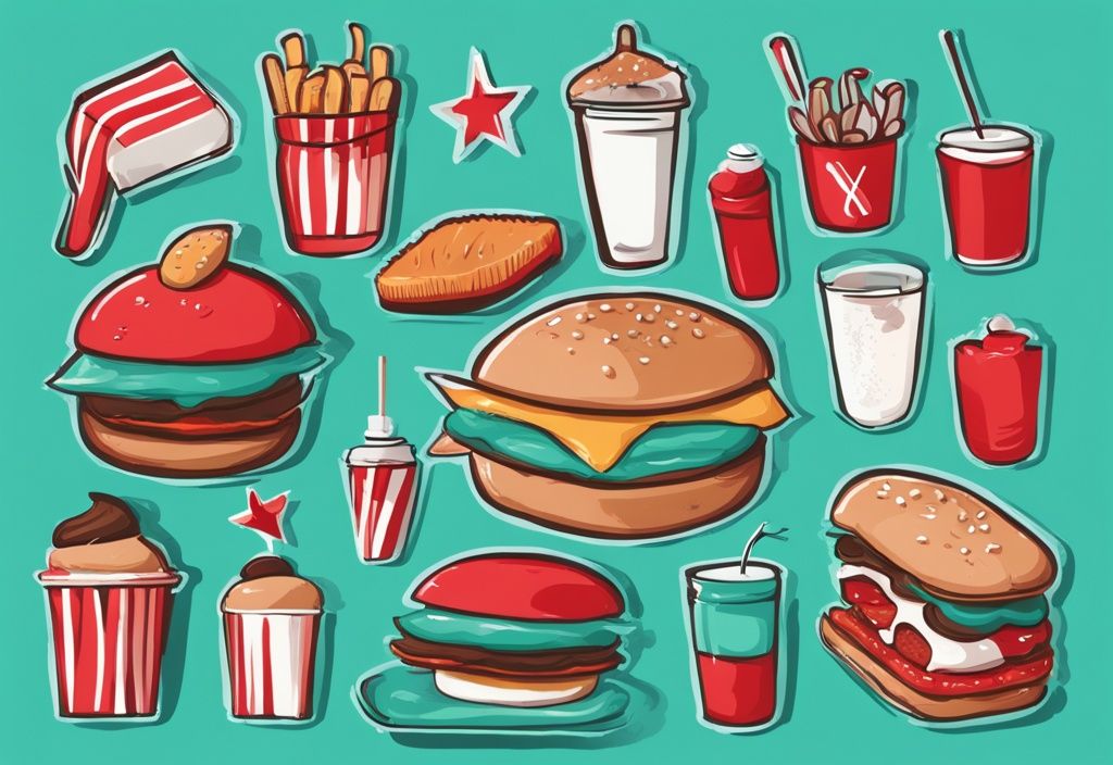 Moderne digitale Illustration mit Teal-Farbthema, rotes X über ungesunden Lebensmitteln wie Burger, Pommes, Cupcakes und zuckerhaltigen Getränken, die beim Abnehmen vermieden werden sollten.