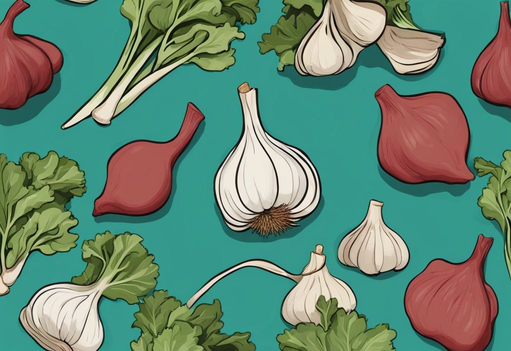 Nahaufnahme von frischen Knoblauchzehen, die in einem Maßband verwickelt sind, vor einem verschwommenen Hintergrund von Salatgrün, mit einem modernen digitalen Malstil in der Hauptfarbe Türkis, das auf Gewichtsverlust hinweist.