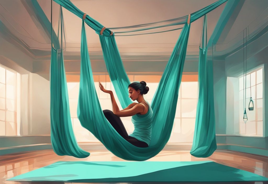 Moderne digitale Malerei Illustration einer Frau in einer Aerial-Yoga-Pose mit einem Seidentuch, in einem ruhigen und friedlichen Studio, Hauptfarbe Teal - was ist Aerial Yoga