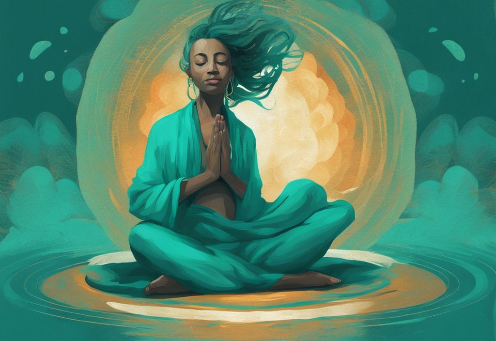 Moderne digitale Malerei eines meditierenden Yogi in Teal-Tönen, umgeben von einer symbolischen Darstellung der Seele, die Ruhe und positive Energie ausstrahlt.