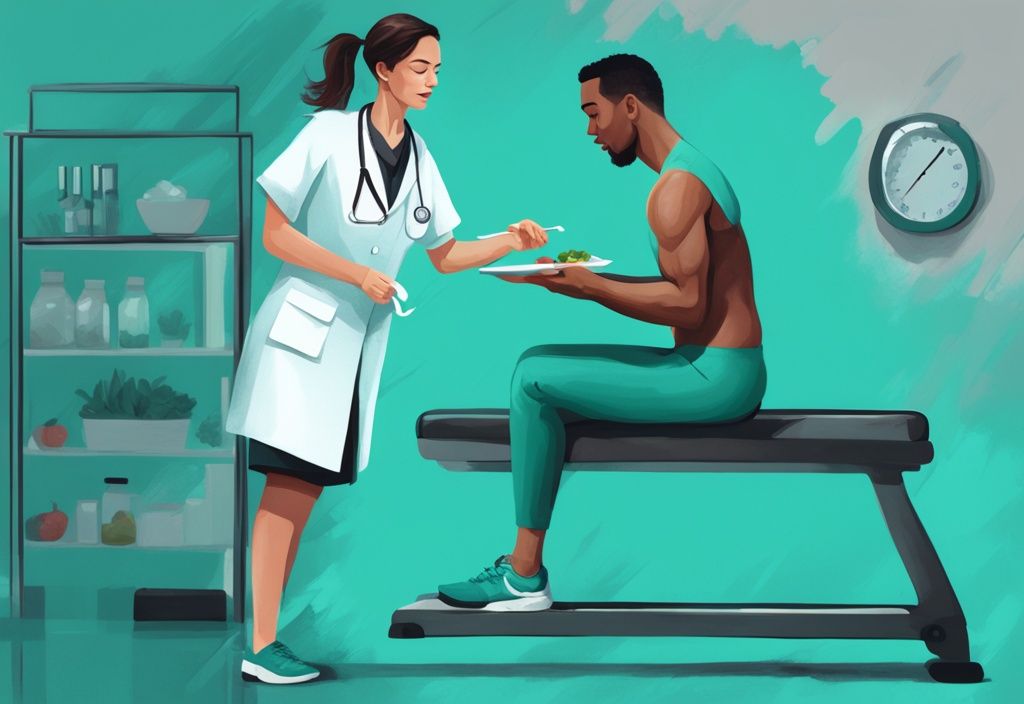 Moderner digitaler Gemäldeillustration mit einem Gesundheitsfachmann, der einen Patienten bei einem gesunden Ernährungsplan und Workout-Sitzung unterstützt, abnehmen unter ärztlicher Aufsicht.