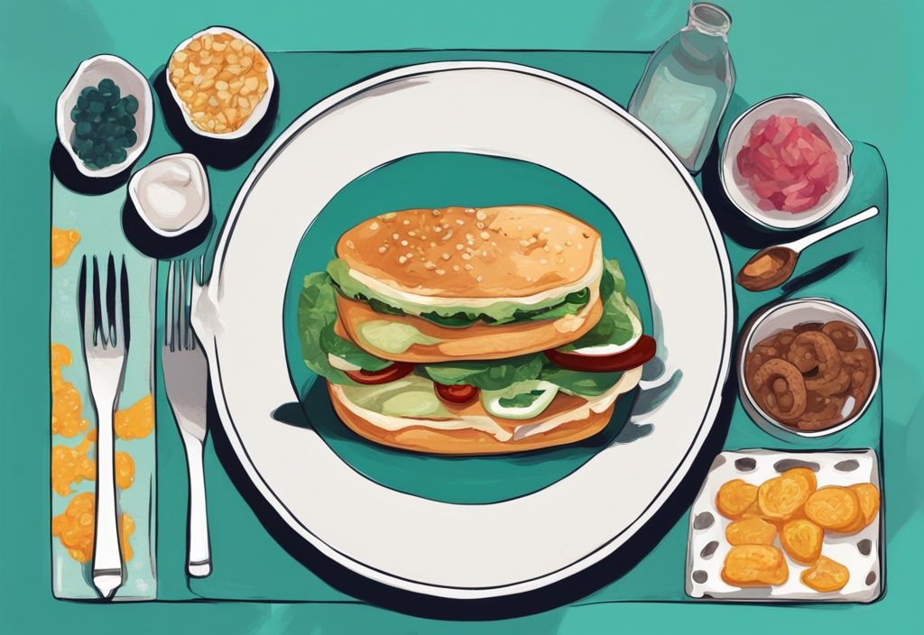 Digitale Illustration in Teal: Waage mit gesunder Nahrung auf einer Seite und Junk-Food auf der anderen, symbolisiert das Konzept der Reverse Diät.