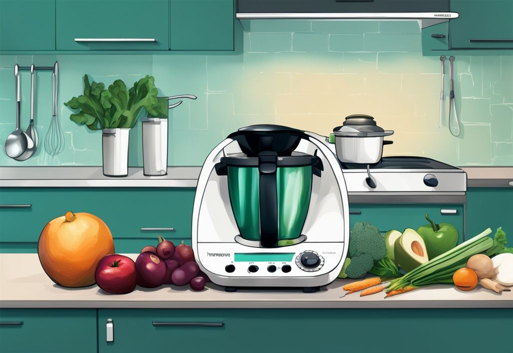 Thermomix Diät: Moderne digitale Illustration eines Thermomix auf einer Küchenarbeitsplatte mit frischem Obst, Gemüse und Rezeptbüchern für eine gesunde Ernährung in Teal-Farbtönen.